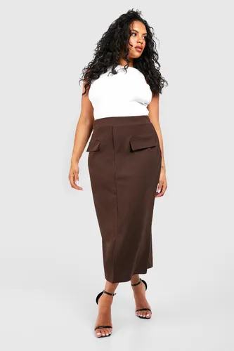 Womens Plus Pocket Detail Scuba Midaxi Skirt - Brown - 16, Brown