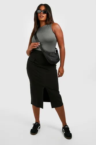 Womens Plus Pocket Detail Split Front Midi Skirt - Black - 22, Black