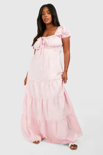 Womens Plus Poplin Milkmaid Puff Sleeve Maxi Dress - Pink - 16, Pink