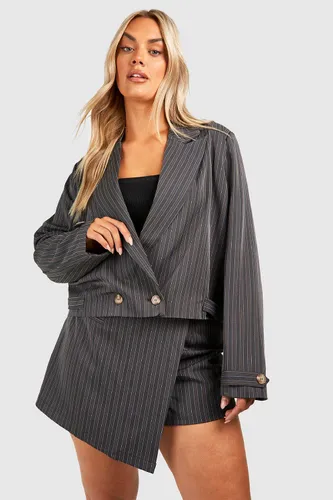 Womens Plus Premium Pinstripe Boxy Cropped Blazer - Grey - 16, Grey