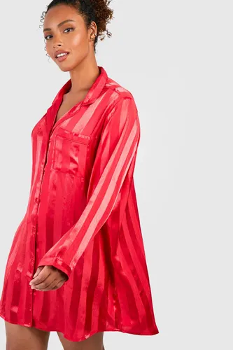 Womens Plus Premium Satin Stripe Long Sleeve Nightie - Red - 18, Red