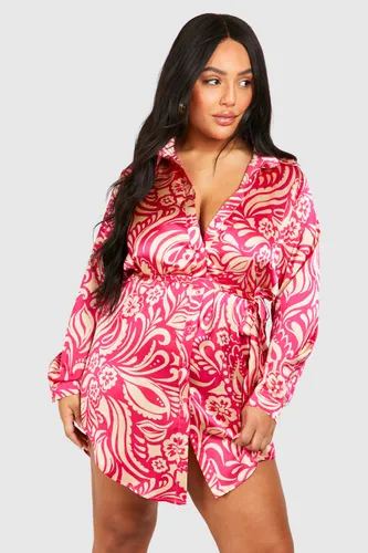 Womens Plus Printed Shirt Dress - Pink - 16, Pink