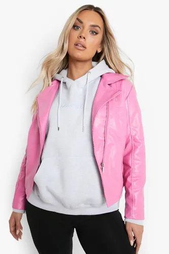 Womens Plus Pu Biker Jacket - Pink - 18, Pink