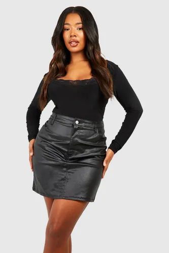 Womens Plus Pu Coated Denim Mini Skirt - Black - 28, Black