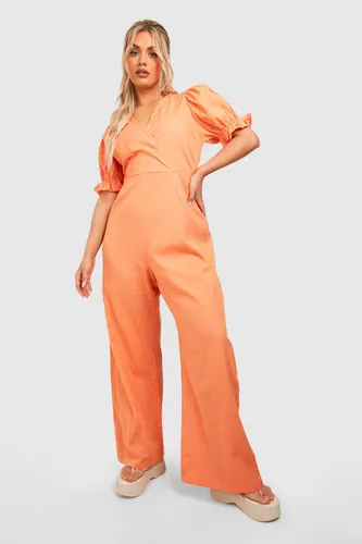 Womens Plus Puff Sleep Wrap Wide Leg Jumpsuit - Orange - 28, Orange