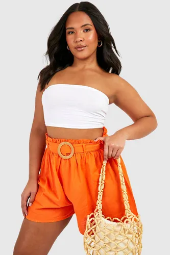 Womens Plus Raffia Buckle Paperbag Linen Short - Orange - 28, Orange