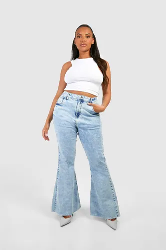 Womens Plus Raw Hem Flared Denim Jeans - Blue - 28, Blue