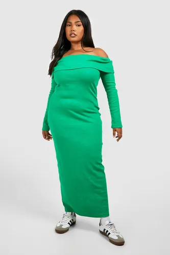 Womens Plus Rib Basic Bardot Maxi Dress - Green - 20, Green