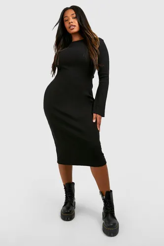 Womens Plus Rib Flare Sleeve Midi Dress - Black - 24, Black