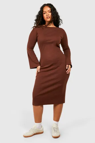 Womens Plus Rib Flare Sleeve Midi Dress - Brown - 16, Brown