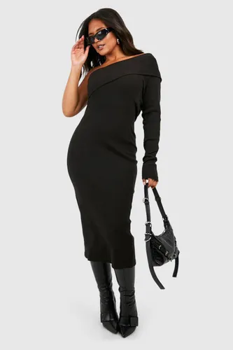 Womens Plus Ribbed One Off Shoulder Midi Dress - Black - 28, Black