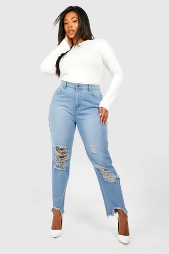 Womens Plus Ripped Distressed High Waisted Mom Jeans - Blue - 22, Blue