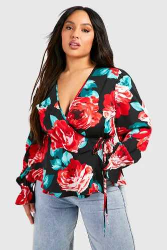 Womens Plus Rose Floral Wrap Top - Red - 16, Red
