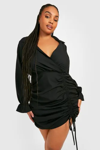 Womens Plus Ruched Detail Long Sleeve Shirt Dress - Black - 28, Black