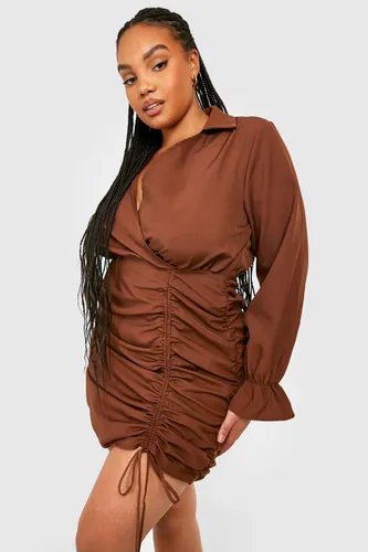 Womens Plus Ruched Detail Long Sleeve Shirt Dress - Brown - 26, Brown