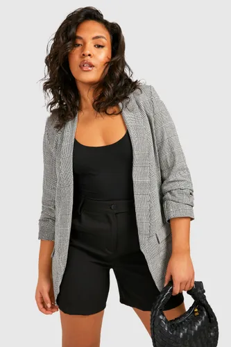 Womens Plus Ruched Dogtooth Prince Of Wales Check Blazer - Grey - 16, Grey