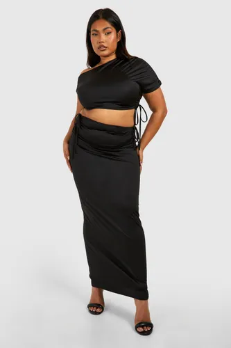 Womens Plus Ruched Drape Shoulder Crop Top And Maxi Skirt - Black - 16, Black