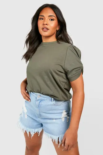 Womens Plus Ruched Knot Puff Sleeve T-Shirt - Green - 28, Green