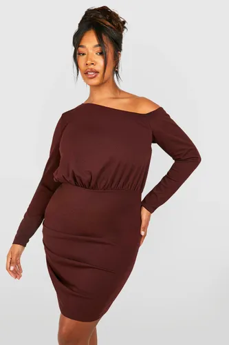 Womens Plus Ruched Off Shoulder Bodycon Dress - Brown - 16, Brown