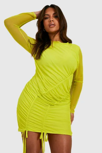 Womens Plus Ruched Side Mesh Mini Dress - Yellow - 26, Yellow
