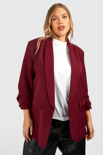 Womens Plus Ruched Sleeve Lapel Detail Blazer - Red - 16, Red