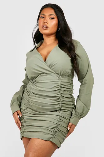 Womens Plus Ruched Wrap Shirt Dress - Green - 28, Green