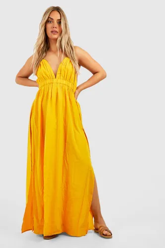 Womens Plus Ruffle Detail Plunge Maxi Dress - Yellow - 28, Yellow