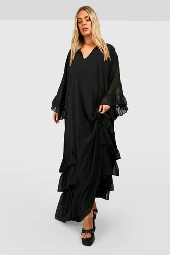Womens Plus Ruffle Detail Smock Maxi Dress - Black - 16, Black