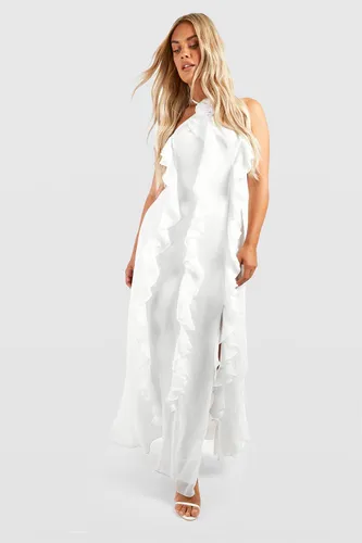 Womens Plus Ruffle Rose Detail Maxi Dress - White - 18, White