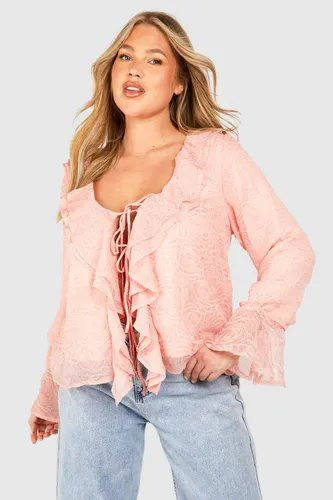 Womens Plus Ruffle Rose Textured Blouse - Pink - 16, Pink