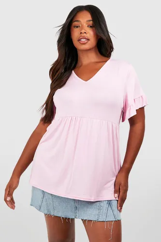 Womens Plus Ruffle Sleeve V Neck Smock Top - Pink - 16, Pink