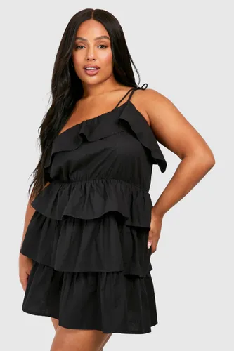 Womens Plus Ruffle Tiered Mini Dress - Black - 16, Black
