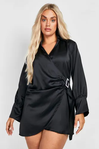 Womens Plus Satin Diamante Wrap Shirt Dress - Black - 28, Black