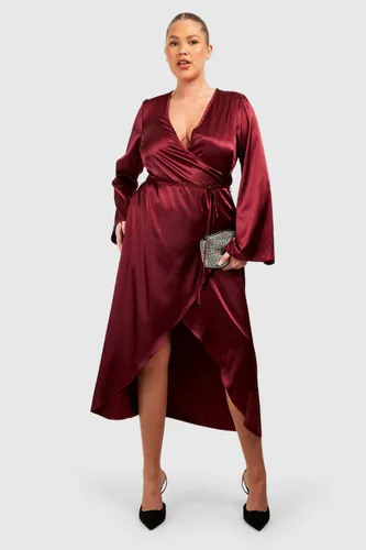 Womens Plus Satin Flared Sleeve Wrap Midi Dress - 28, Red