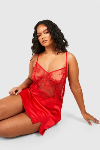 Womens Plus Satin & Lace Detail Babydoll - Red - 20, Red