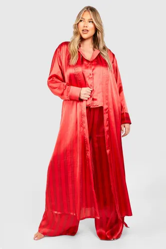 Womens Plus Satin Stripe Belted Maxi Dressing Gown - Red - 16, Red