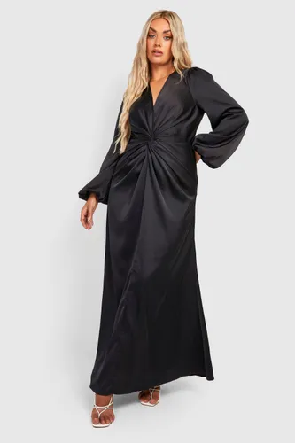 Womens Plus Satin Twist Front Blouson Sleeve Maxi Dress - Black - 16, Black