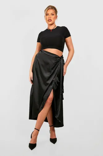Womens Plus Satin Wrap Detail Midaxi Skirt - Black - 22, Black