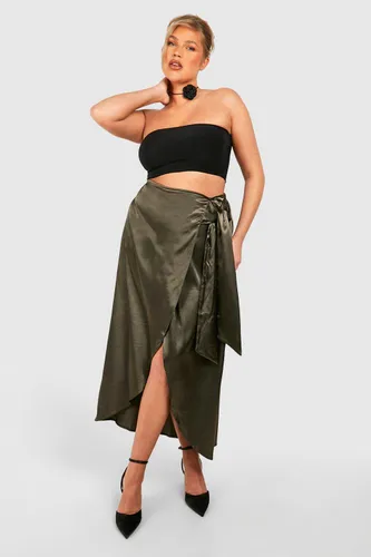 Womens Plus Satin Wrap Detail Midaxi Skirt - Green - 16, Green