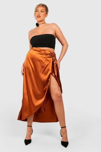 Womens Plus Satin Wrap Detail Midaxi Skirt - Orange - 28, Orange