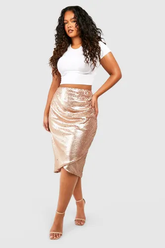 Womens Plus Sequin Wrap Drape Midi Skirt - Gold - 28, Gold
