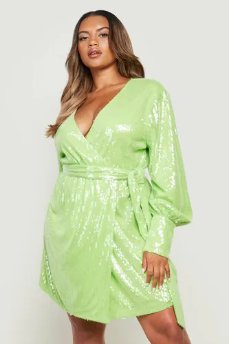 Womens Plus Sequin Wrap Dress - Green - 16, Green