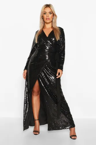 Womens Plus Sequin Wrap Floor Sweeping Maxi Dress - Black - 28, Black