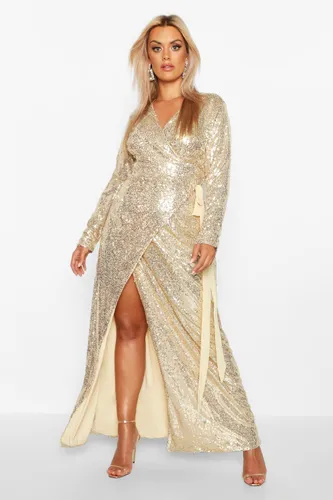 Womens Plus Sequin Wrap Floor Sweeping Maxi Dress - Gold - 16, Gold