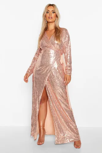 Womens Plus Sequin Wrap Floor Sweeping Maxi Dress - Pink - 18, Pink