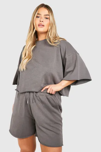 Womens Plus Short Sleeve Crop Sweatshirt And Short Set - Grey - 16, Grey