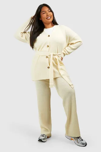 Womens Plus Slouchy Belted Cardigan And Wide Leg Knit Set - Cream - 16, Cream