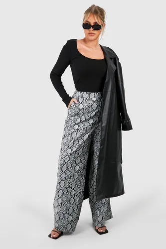 Womens Plus Snake Leather Look Wide Leg Trousers - Grey - 16, Grey