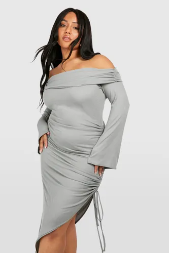 Womens Plus Soft Rib Off Shoulder Ruched Split Dress - Grey - 16, Grey