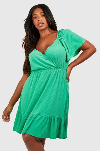 Womens Plus Soft Rib Wrap Tiered Smock Dress - Green - 16, Green